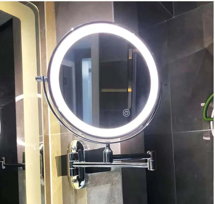 Sort genopladeligt LED-forstørrelsesspejl til makeup og badeværelse