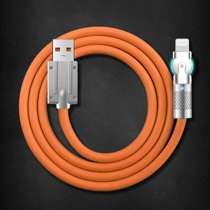 "180° kääntyvä pikalatauskaapeli, kestävä rakenne, USB-C, iPhone liitännät, musta, sininen, oranssi, pituus 1.8m"