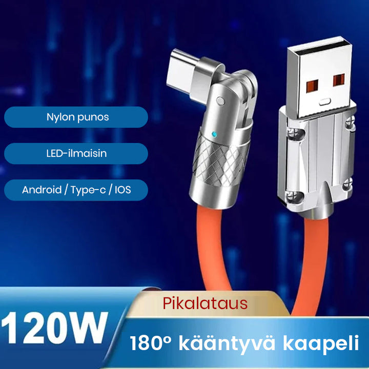 "180° kääntyvä pikalatauskaapeli, kestävä rakenne, USB-C, iPhone liitännät, musta, sininen, oranssi, pituus 1.8m"
