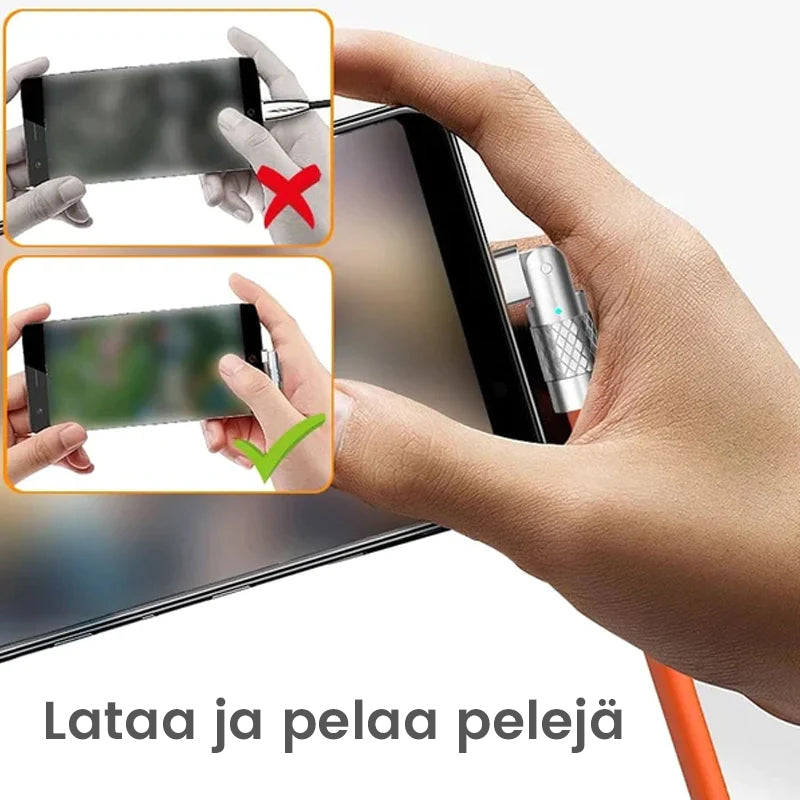 "180° kääntyvä pikalatauskaapeli, kestävä rakenne, USB-C, iPhone liitännät, musta, sininen, oranssi, pituus 1.8m"