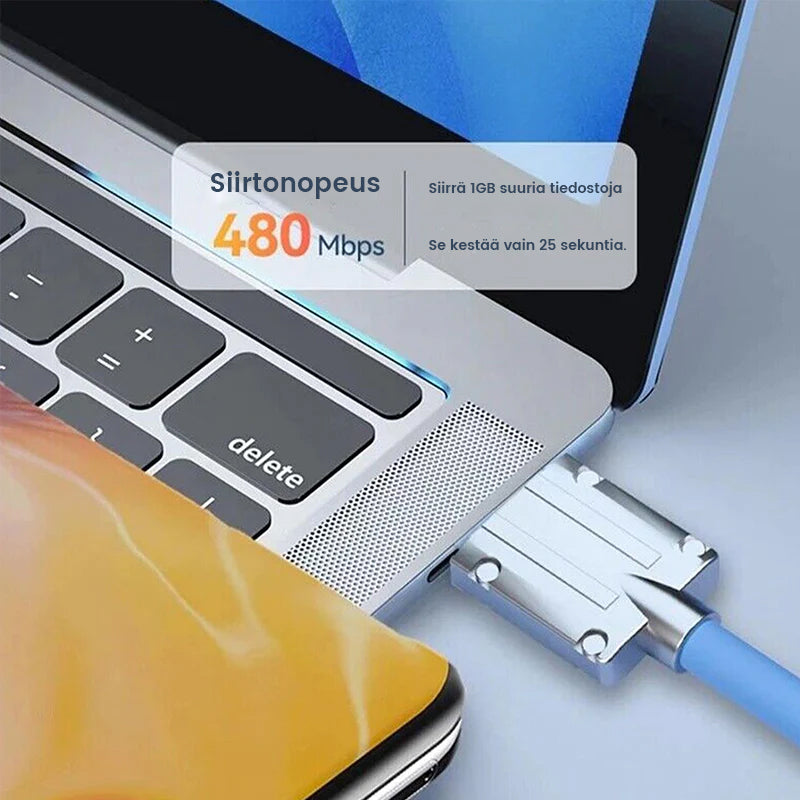"180° kääntyvä pikalatauskaapeli, kestävä rakenne, USB-C, iPhone liitännät, musta, sininen, oranssi, pituus 1.8m"