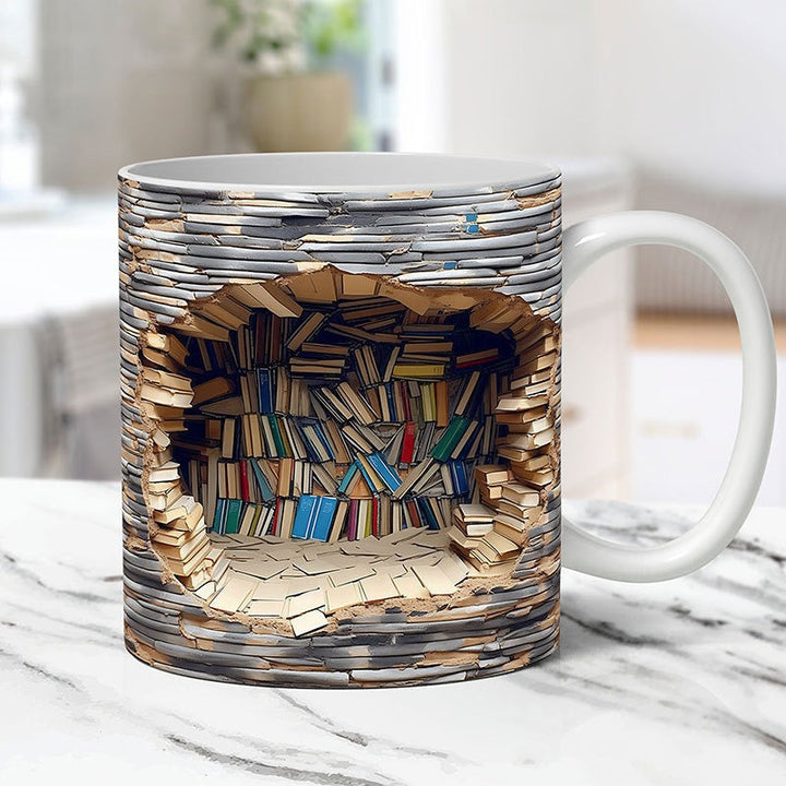 "3D kirjahylly-muki, keraaminen, kirjava kuviointi, astianpesukoneen kestävä, kirjanystävien lahja, moderni design"