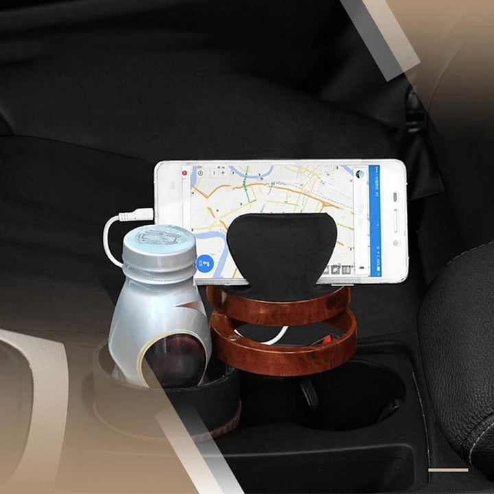 3-i-1 multifunktionel kopholder designet til bilen, lavet af sort ABS-materiale, der giver plads til drikkevarer og genstande.