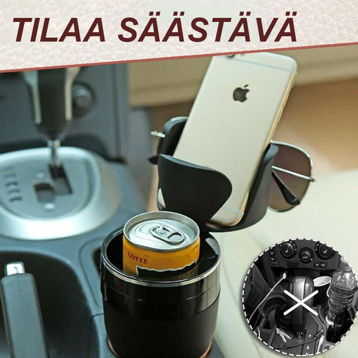 3-i-1 multifunktionel kopholder designet til bilen, lavet af sort ABS-materiale, der giver plads til drikkevarer og genstande.