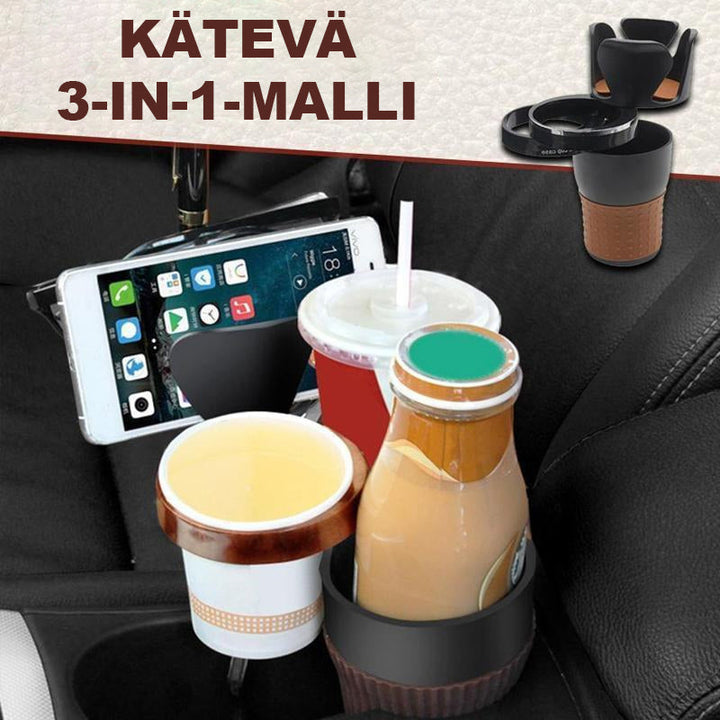 3-i-1 multifunktionel kopholder designet til bilen, lavet af sort ABS-materiale, der giver plads til drikkevarer og genstande.