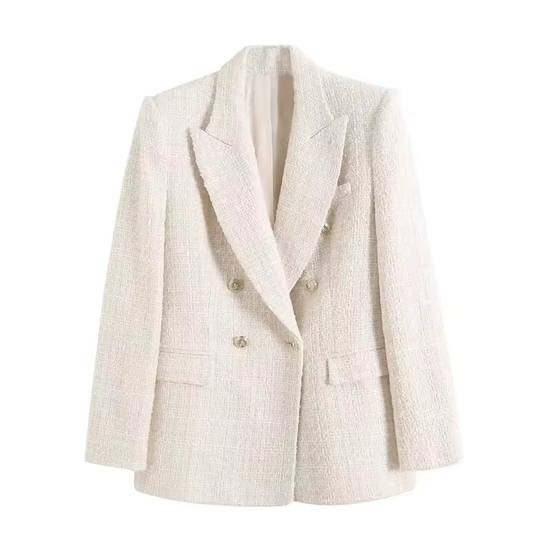 Klassisk tweed blazer til damer, dobbeltspændt design, beige nuance, lange ærmer, elegant vintage-stil til fester og hverdag.