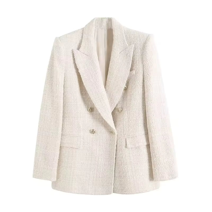 Klassisk tweed blazer til damer, dobbeltspændt design, beige nuance, lange ærmer, elegant vintage-stil til fester og hverdag.