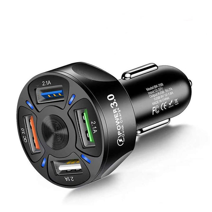 "4-in-1 USB-pikalatausportti autolaitteille, musta/valkoinen, neljä porttia, LED-näyttö, tehokas lataus, moderni muotoilu."