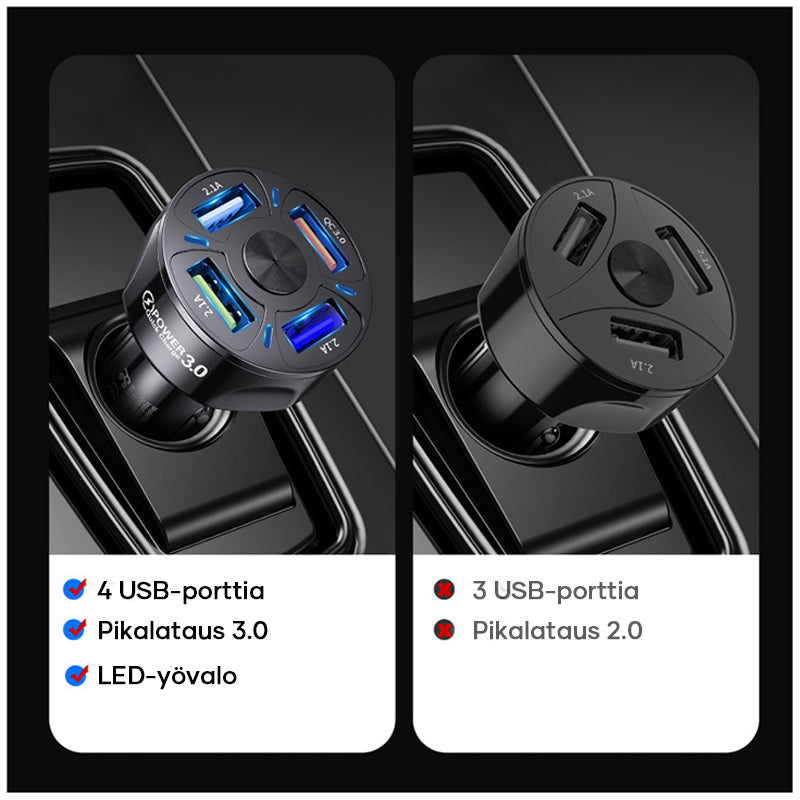 "4-in-1 USB-pikalatausportti autolaitteille, musta/valkoinen, neljä porttia, LED-näyttö, tehokas lataus, moderni muotoilu."