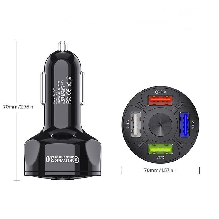 "4-in-1 USB-pikalatausportti autolaitteille, musta/valkoinen, neljä porttia, LED-näyttö, tehokas lataus, moderni muotoilu."
