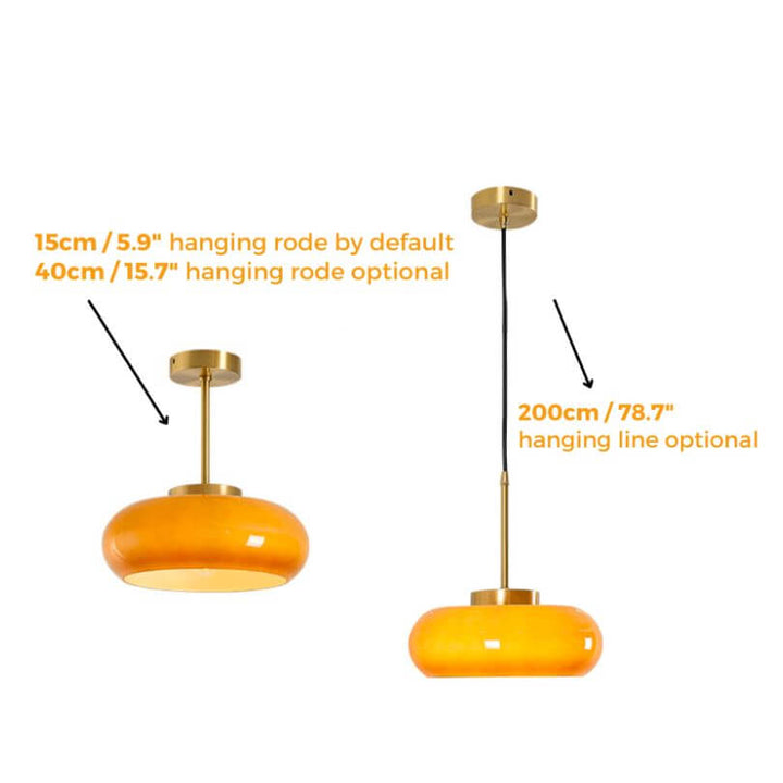 Vintage loftslampe med orange glaskuppel og kobberstel