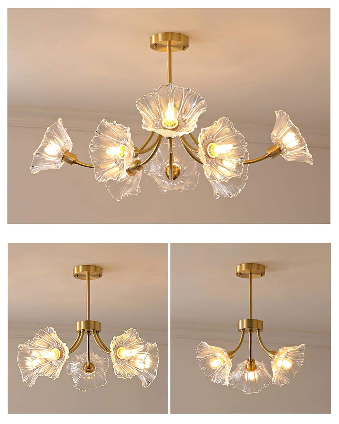 Glasblomsterkrone med messing og klar finish