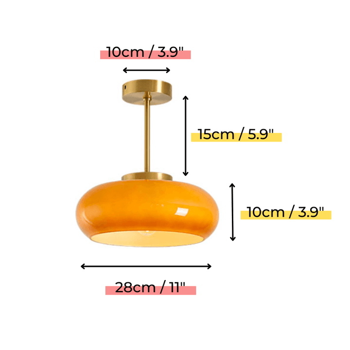 Vintage loftslampe med orange glaskuppel og kobberstel
