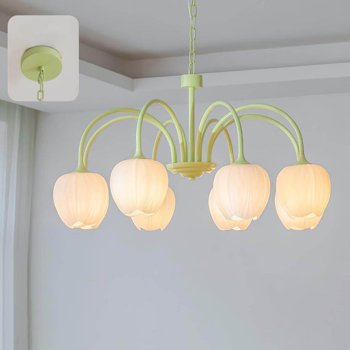Interiør med moderne loftlampe i matcha-stil