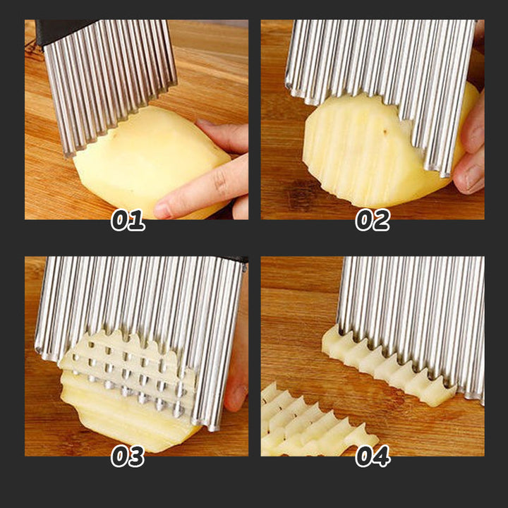Alsidig bølget rustfri kartoffelsnitter med ergonomisk håndtag og skarpt blad, perfekt til kartofler og grøntsager i køkkenet.