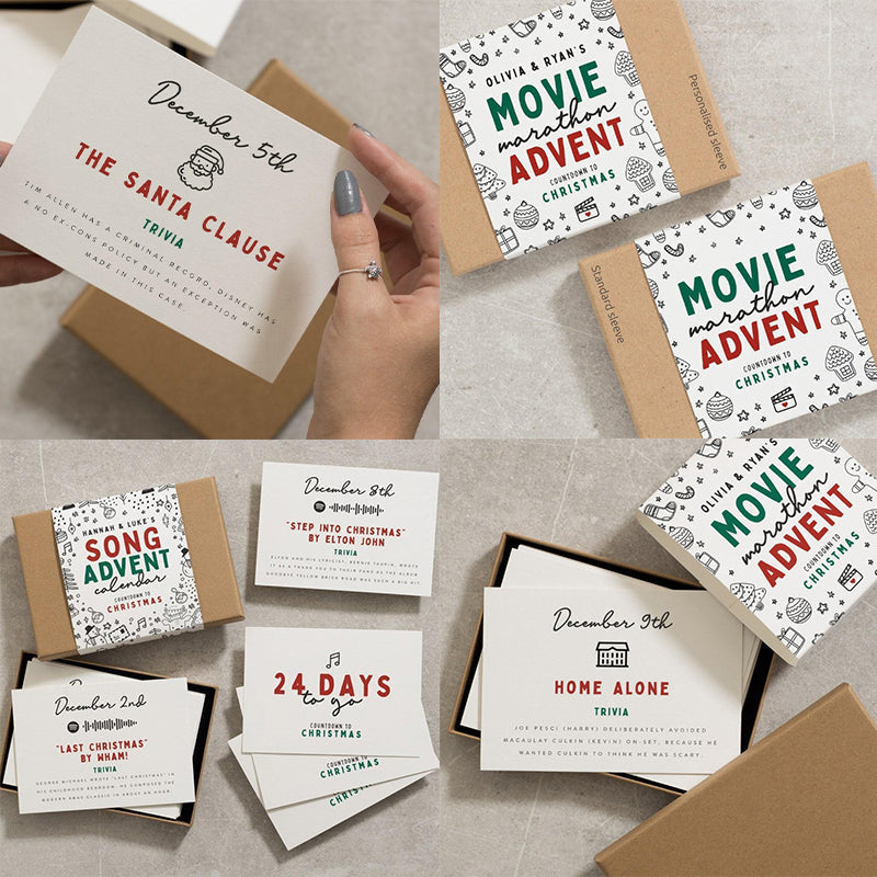 Julekalenderkort: 24 kort med spændende trivia og filmforslag til julen, 7x5 cm, kortmateriale.