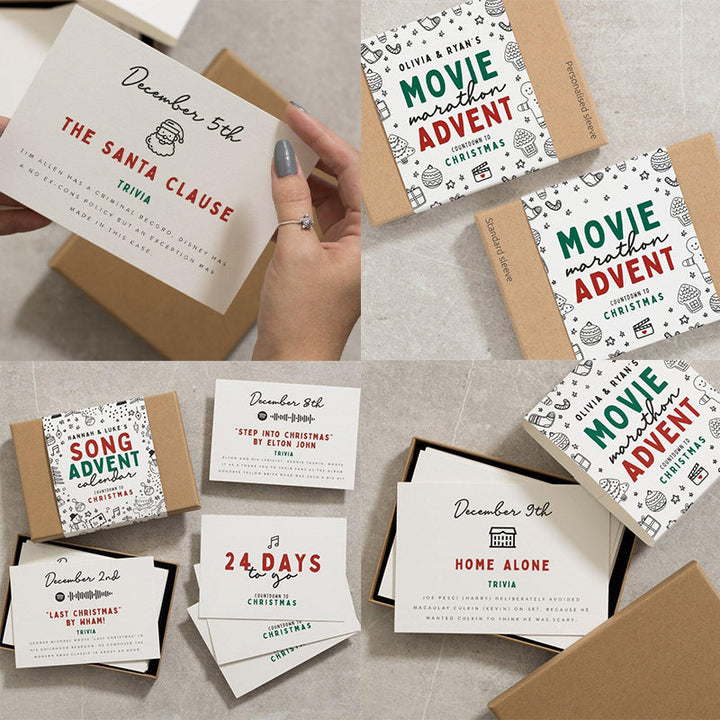 Julekalenderkort: 24 kort med spændende trivia og filmforslag til julen, 7x5 cm, kortmateriale.