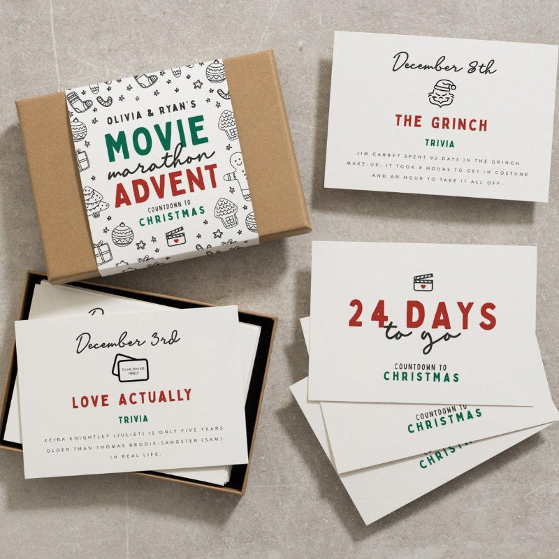 Julekalenderkort: 24 kort med spændende trivia og filmforslag til julen, 7x5 cm, kortmateriale.