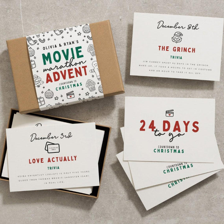 Julekalenderkort: 24 kort med spændende trivia og filmforslag til julen, 7x5 cm, kortmateriale.