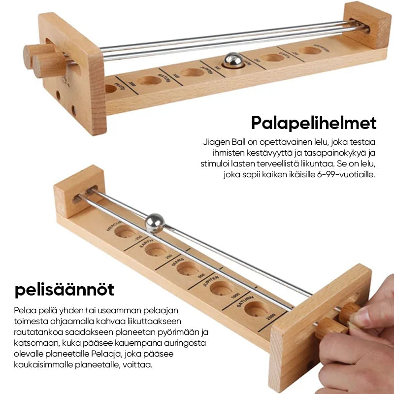 "Aikuisten peli, jossa puinen kahva ja pallo. Haasteellinen taitopeli, joka kehittää keskittymistä ja viihdyttää."