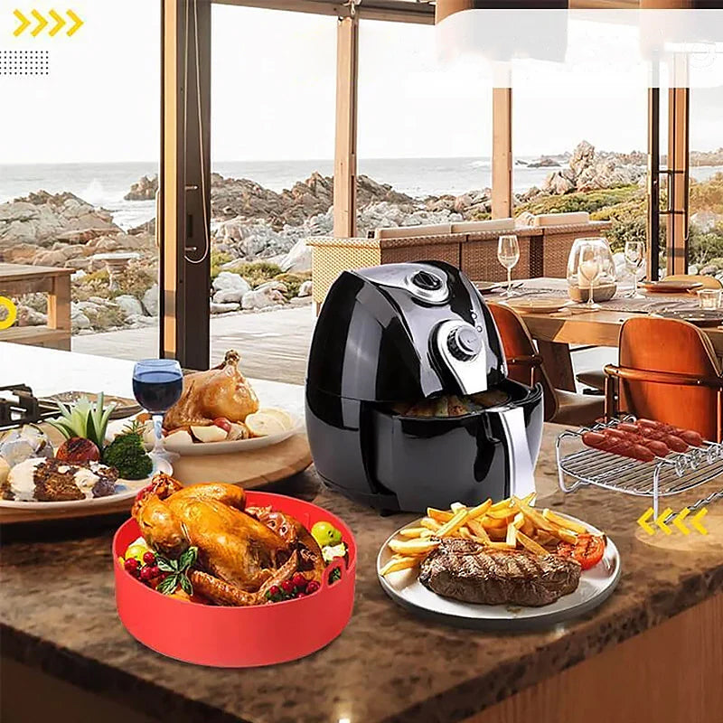 Airfryer-silikoniastia ja hansikasetti keittiöön, moniväriset, rei’itetyt reunat, parantaa kypsennystuloksia.