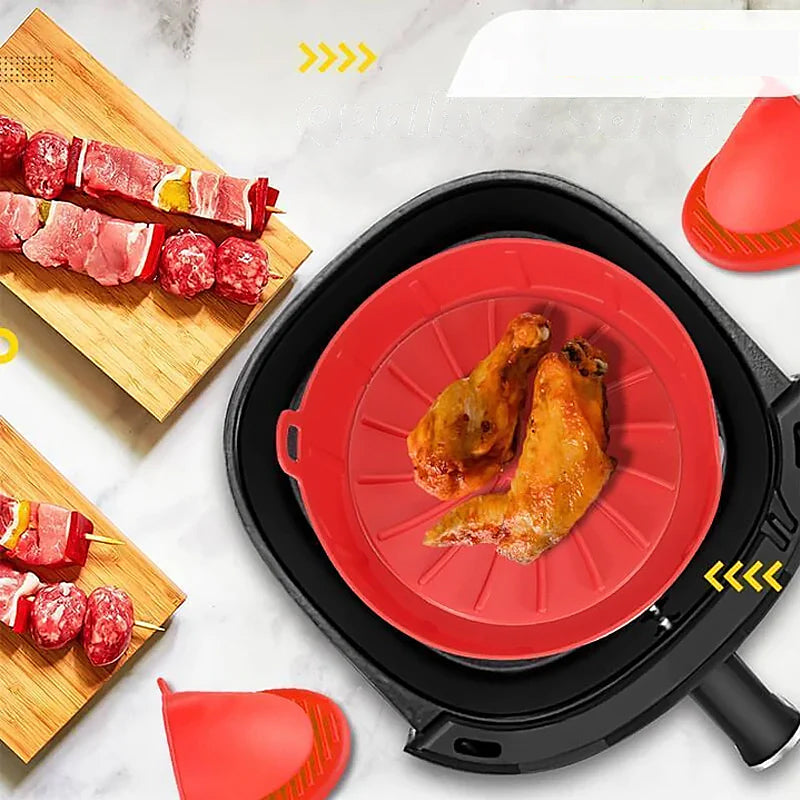 Airfryer-silikoniastia ja hansikasetti keittiöön, moniväriset, rei’itetyt reunat, parantaa kypsennystuloksia.