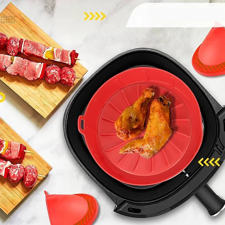 Airfryer-silikoniastia ja hansikasetti keittiöön, moniväriset, rei’itetyt reunat, parantaa kypsennystuloksia.
