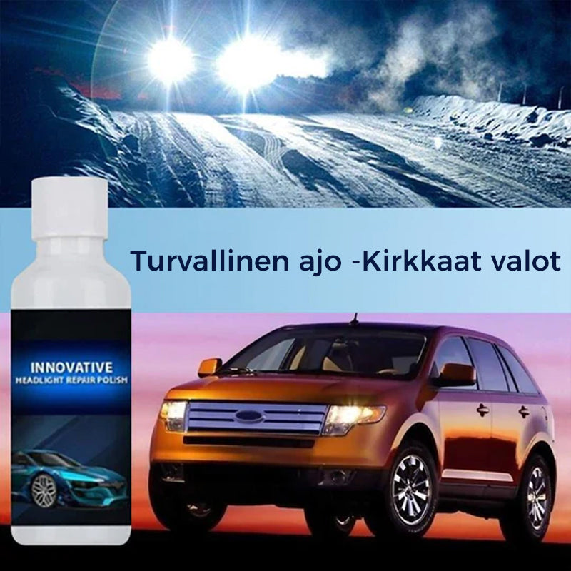 Forlygtepoleringsvæske i flaske, klargør og beskytter forlygter, nem at anvende bilplejemiddel.