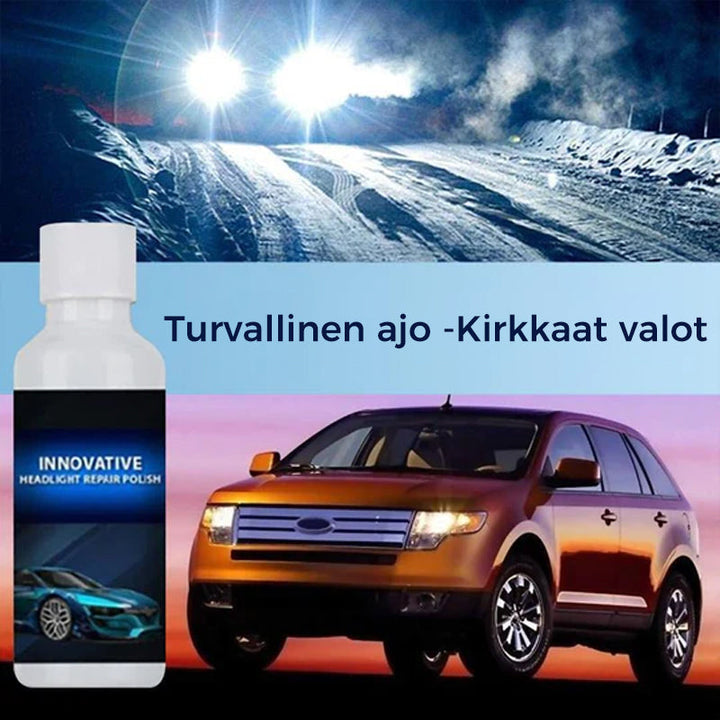 Forlygtepoleringsvæske i flaske, klargør og beskytter forlygter, nem at anvende bilplejemiddel.