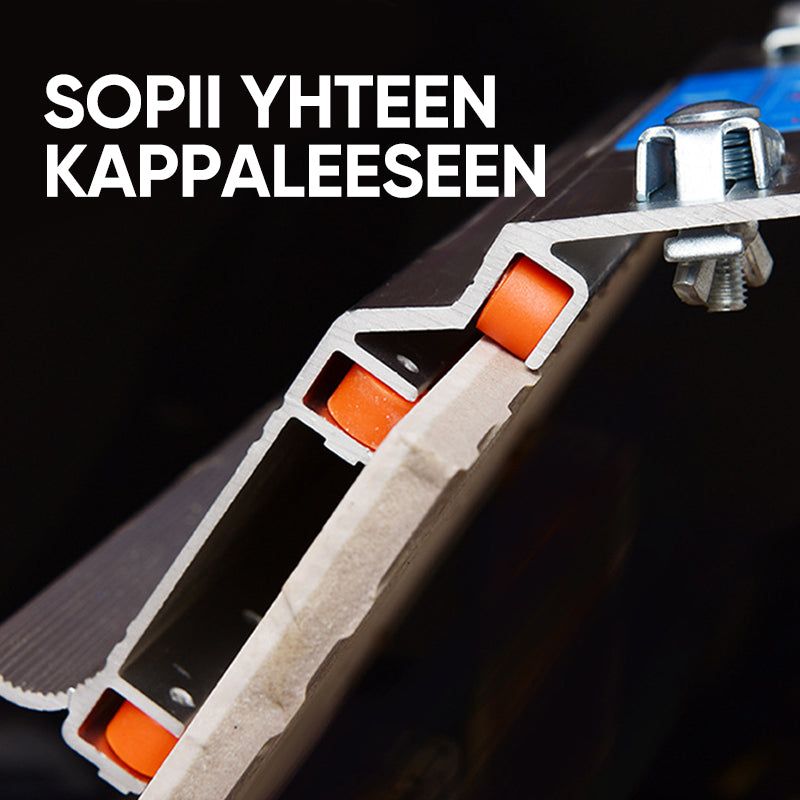 Alumiininen käsityökalu laatoille, hopea-kulta-harmaa, ergonominen muotoilu, korroosionkestävä viistotyökalu.