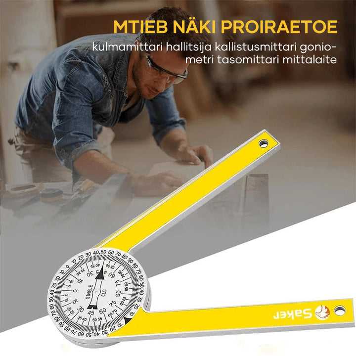 Præcist Saker® vinkelmåler til geringssav i aluminium med tydelig laserindgraveret skala.