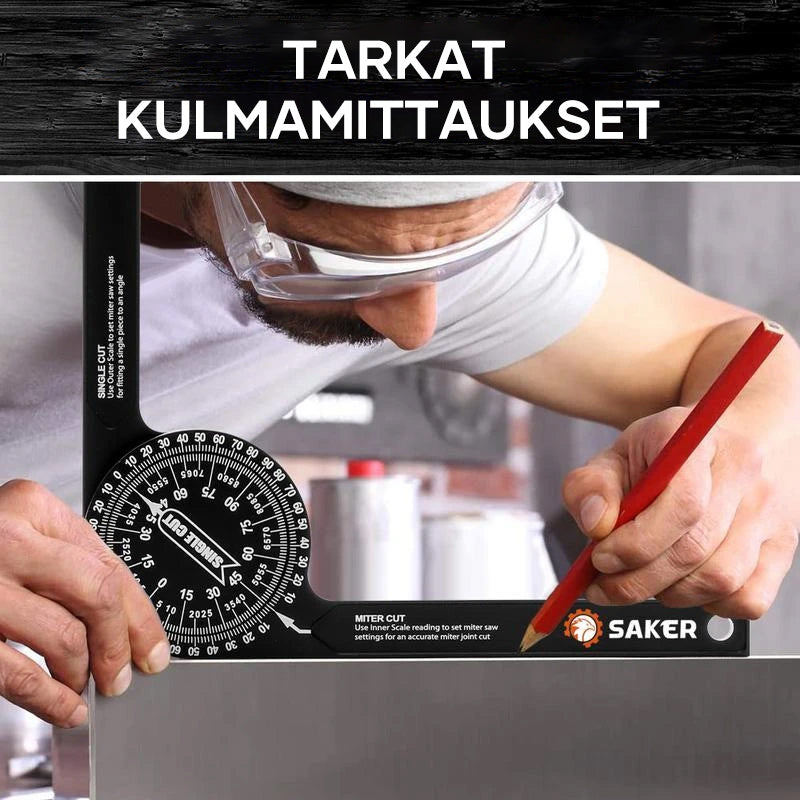 Præcist Saker® vinkelmåler til geringssav i aluminium med tydelig laserindgraveret skala.