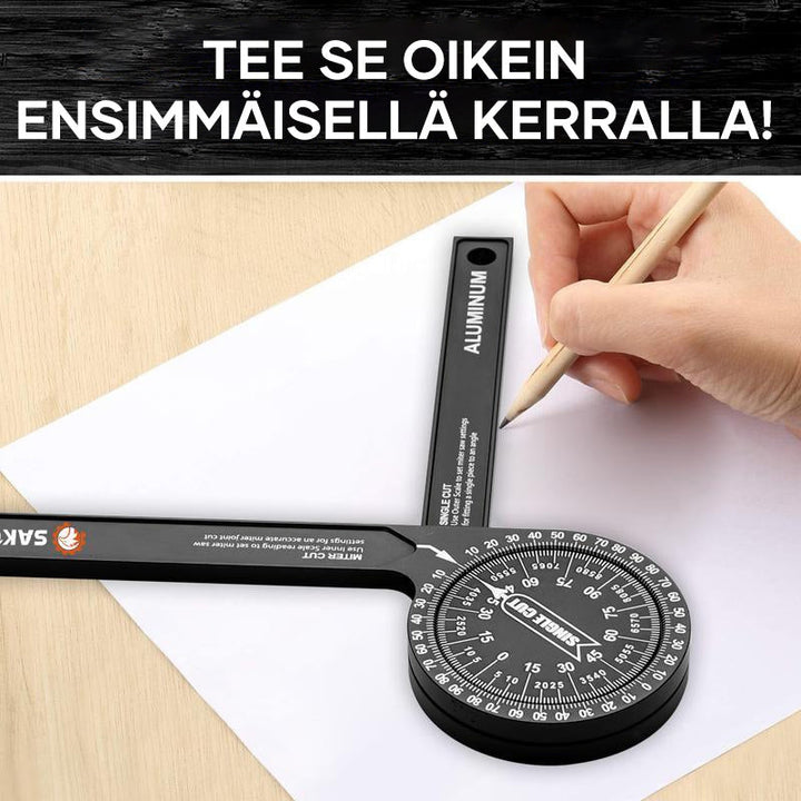 Præcist Saker® vinkelmåler til geringssav i aluminium med tydelig laserindgraveret skala.