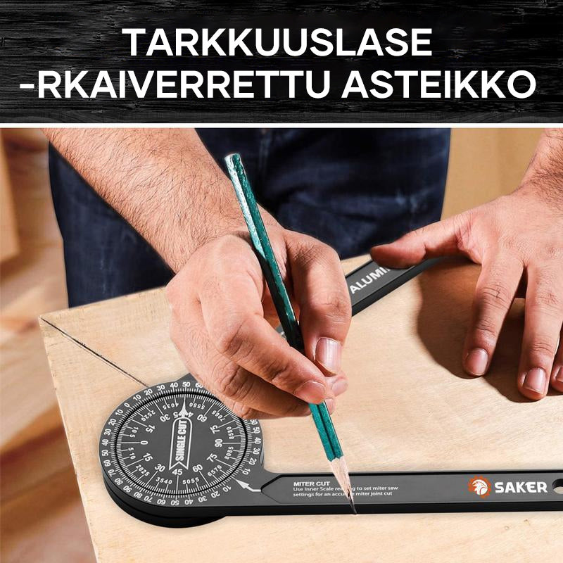 Præcist Saker® vinkelmåler til geringssav i aluminium med tydelig laserindgraveret skala.