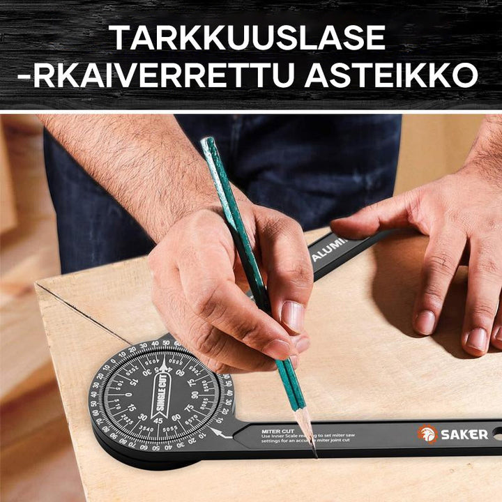 Præcist Saker® vinkelmåler til geringssav i aluminium med tydelig laserindgraveret skala.