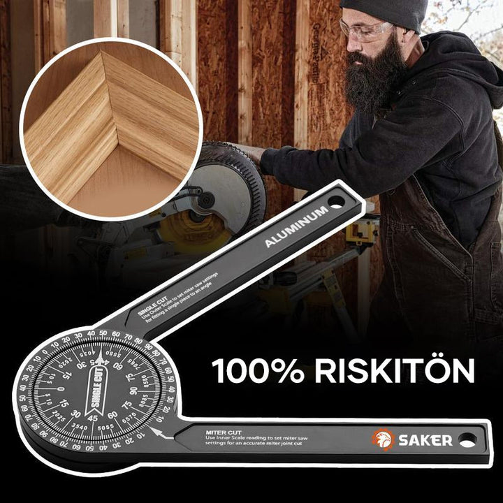 Præcist Saker® vinkelmåler til geringssav i aluminium med tydelig laserindgraveret skala.