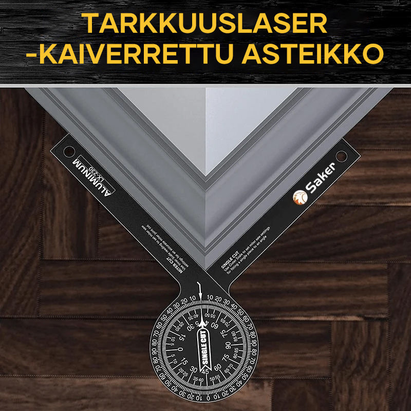 Præcist Saker® vinkelmåler til geringssav i aluminium med tydelig laserindgraveret skala.