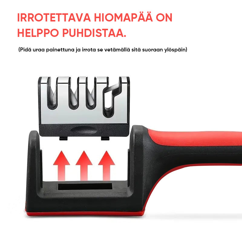 "Ammattimainen 4-vaiheinen veitsenteroitin keittiössä, ergonominen musta muotoilu ja liukumaton pohja kotikokeille."
