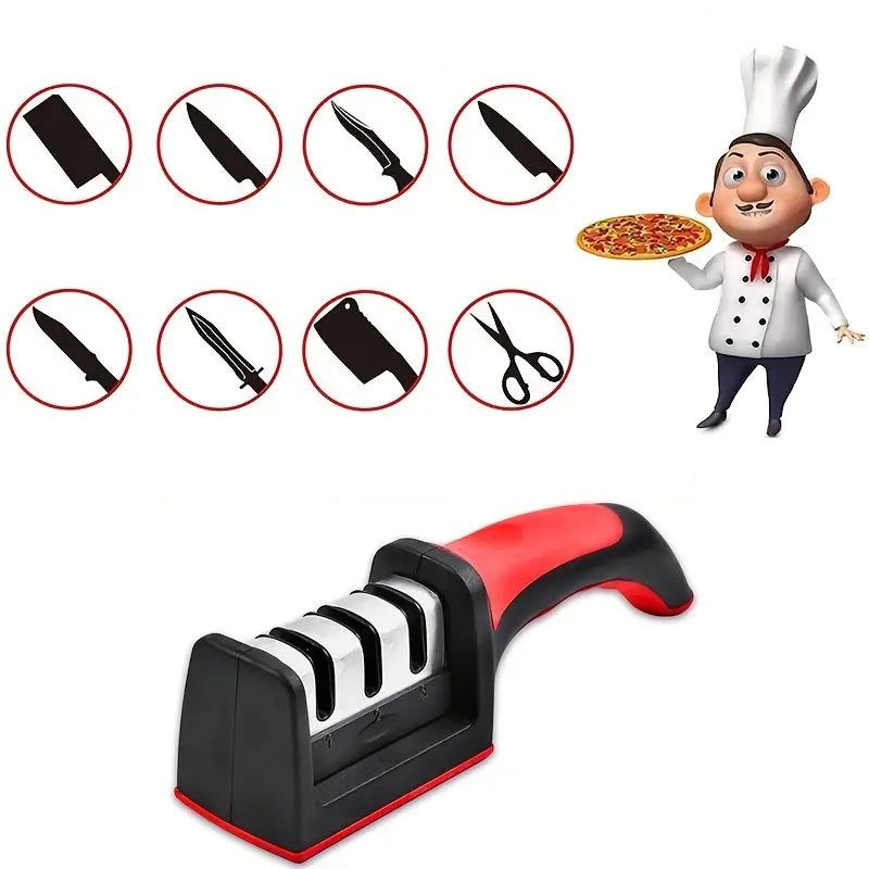 "Ammattimainen 4-vaiheinen veitsenteroitin keittiössä, ergonominen musta muotoilu ja liukumaton pohja kotikokeille."