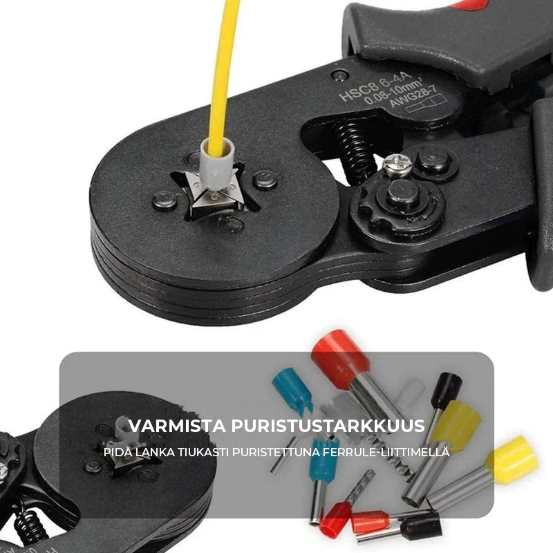 "Ammattimainen puristuspihti sähkötöihin, oranssi ABS-kahva, laaja puristusalue, itsesäätyvä mekanismi."