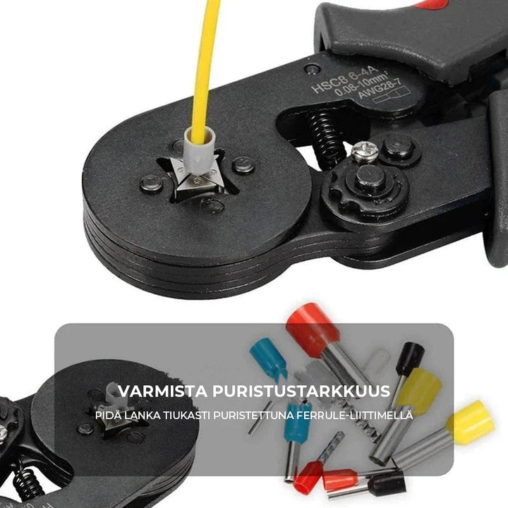 "Ammattimainen puristuspihti sähkötöihin, oranssi ABS-kahva, laaja puristusalue, itsesäätyvä mekanismi."