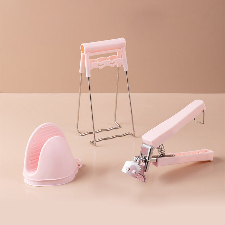 Anti-scalding klipsisarja, turvallinen ote kuumista astioista, ergonominen muotoilu, sininen ja vaaleanpunainen väri.