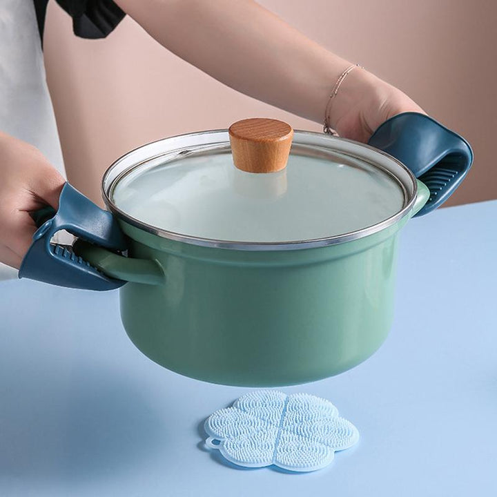Anti-scalding klipsisarja, turvallinen ote kuumista astioista, ergonominen muotoilu, sininen ja vaaleanpunainen väri.