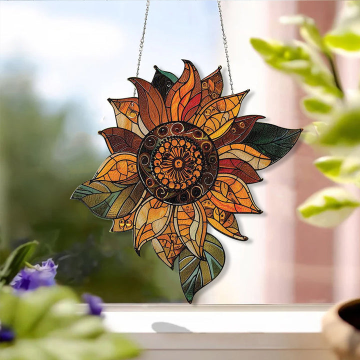 "Auringonkukka akryylinen ikkunakoriste, kirkkaat värit, laserleikatut reunat, kaksipuolinen painatus, elegantti ja kestävä."