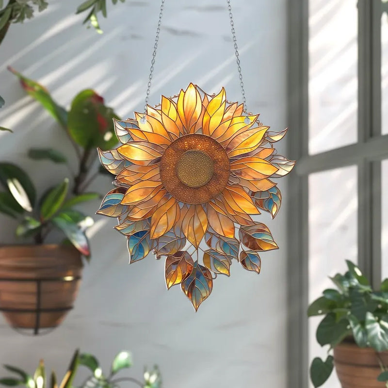 "Auringonkukka akryylinen ikkunakoriste, kirkkaat värit, laserleikatut reunat, kaksipuolinen painatus, elegantti ja kestävä."
