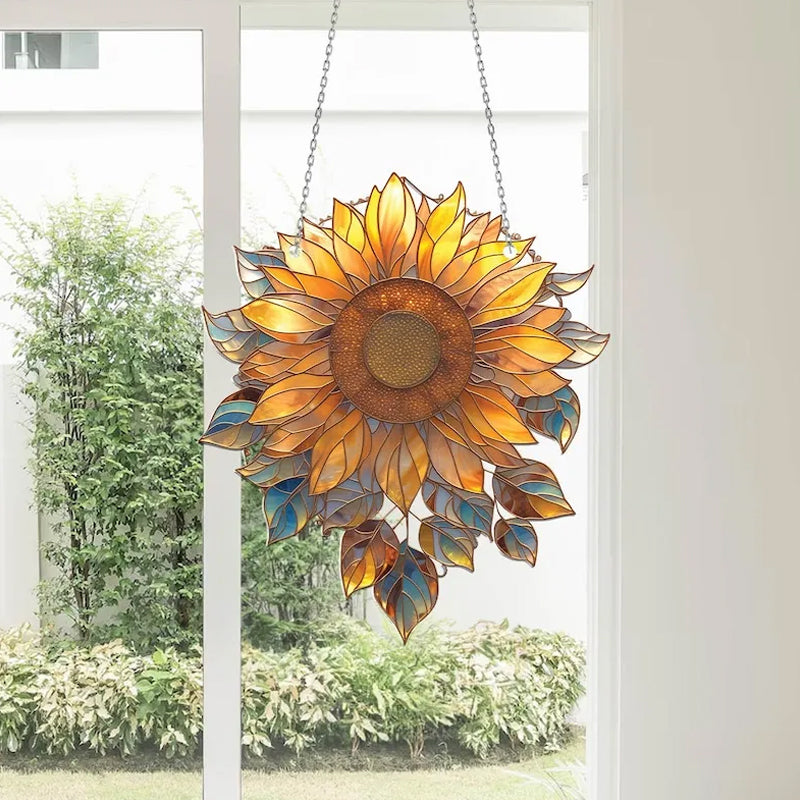 "Auringonkukka akryylinen ikkunakoriste, kirkkaat värit, laserleikatut reunat, kaksipuolinen painatus, elegantti ja kestävä."