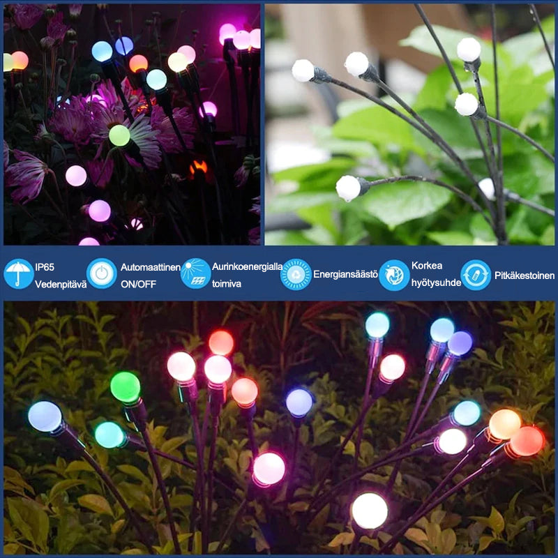 Aurinkoenergialla toimiva LED-puutarhavalo, 7 värin vaihtelua, luo taianomaisen tunnelman ulkotilaan, heiluu tuulessa.