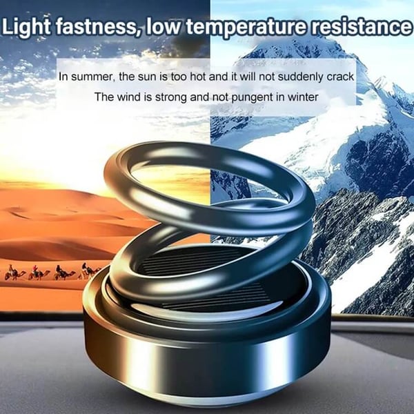 Aurinkoenergialla toimiva kaksoisrenkainen aromaterapiakoriste autoon, punainen metallinen design, raikas tuoksu.