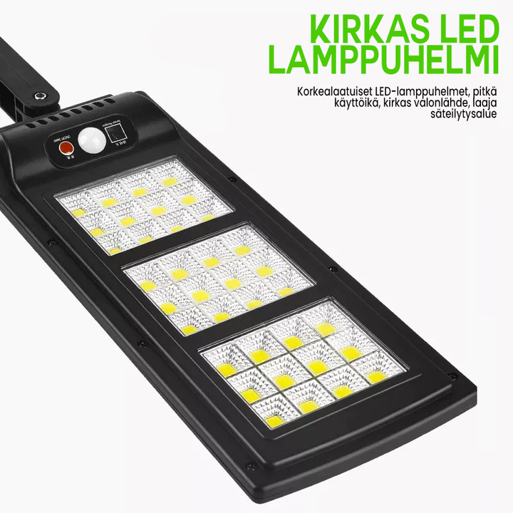 Aurinkoenergialla toimiva, kauko-ohjattava led-katuvalo; tyylikäs, kestävä muotoilu ulkokäyttöön.