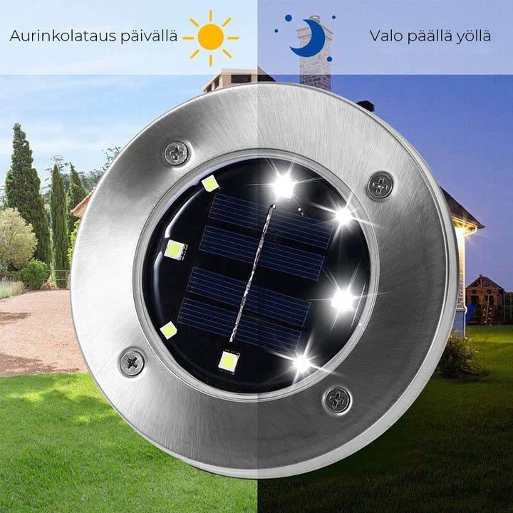 "Aurinkoenergialla toimivat LED-polkuvalot puutarhaan, hopeinen runko, lämpimän valkoiset LEDit, istutettuna nurmikolle."